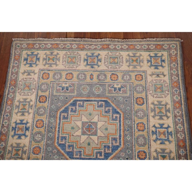 Grey Traditional Kazak Accent Rug Hand-Knotted Wool Carpet - 2'9" x 4'2"