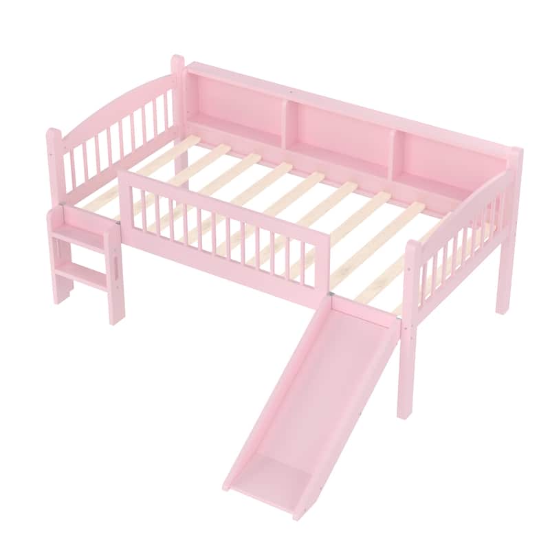 Twin XL Loft Bed with Storage Shelves, Solid Wood Lower Loft Bed with LED Lights and Full-length Guardrails