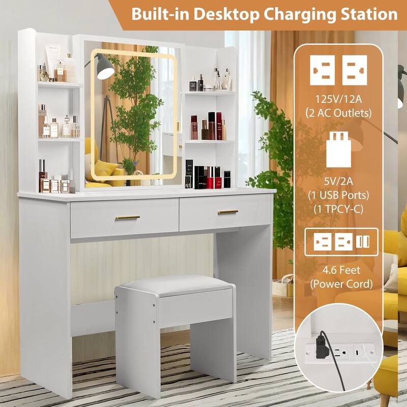 Vanity Table with Mirror and Lights - 42.5" Makeup Desk with Charging Station, 2 Drawers, 6 Shelves