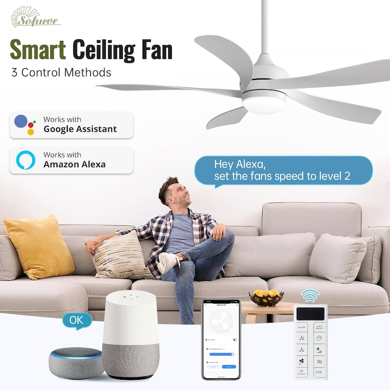 Sofucor 52"Smart,Ceiling Fans with Lights and Remote, Compatible with Alexa/Google/App, 3-Color Light 6-Speed Timing
