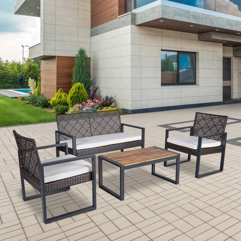 4-Piece Outdoor Patio Set with Double and Single Chairs, Acacia Wood Table, Durable PE Rattan Frame, Waterproof Cushions