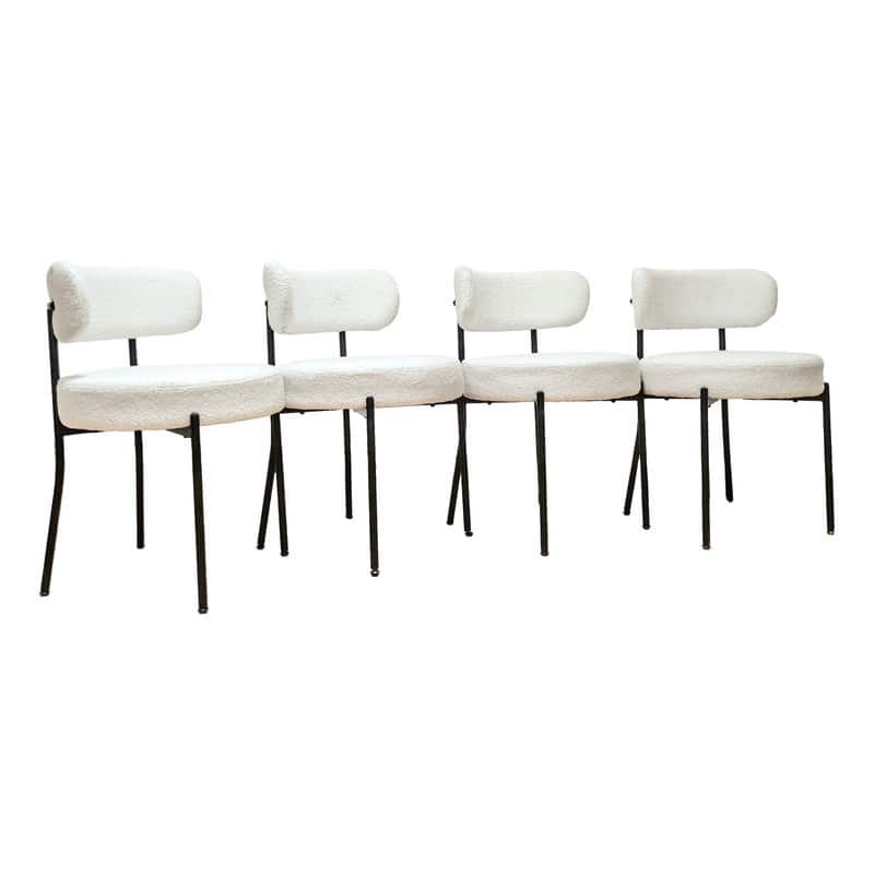 Mid-Century Modern Boucle Dining Chair - White Upholstered Curved Backrest with Black Metal Legs