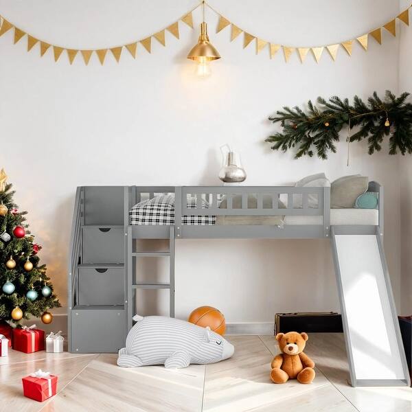 slide 2 of 15, Twin Size Stairway Loft Bed with Two Drawers and Slide,Build-In Ladder And Staircase Gray