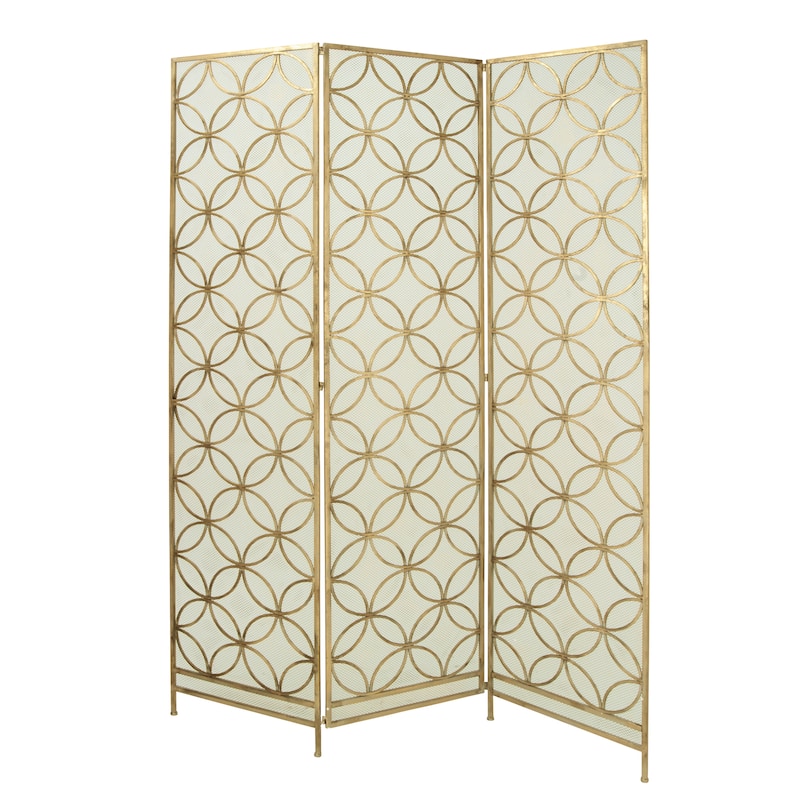 Metal Geometric Hinged Foldable Partition 3 Panel Partition Room Divider Screen - Brass - Roche River Decor - Brass
