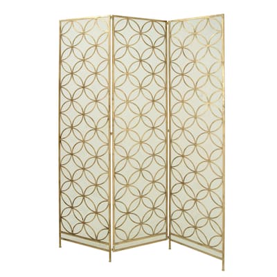 Metal Geometric Hinged Foldable Partition 3 Panel Partition Room Divider Screen - Brass - Roche River Decor