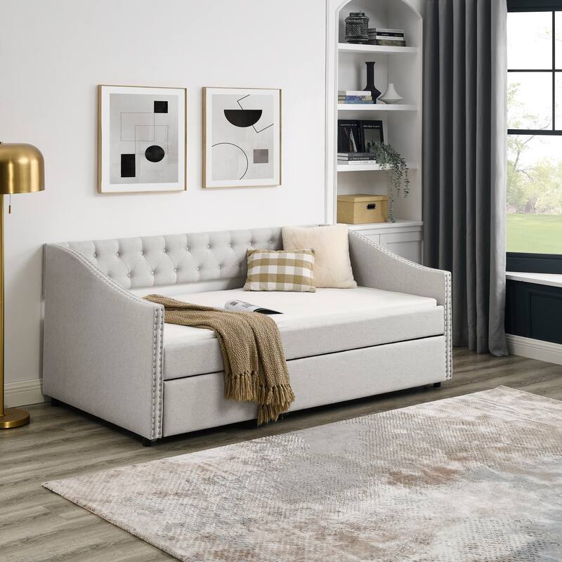 Roomfitters Twin/Full Upholstered Daybed with Twin Trundle, Tufted Backrest and Nailhead Trim, Elegant Waved Arms - Beige - Twin