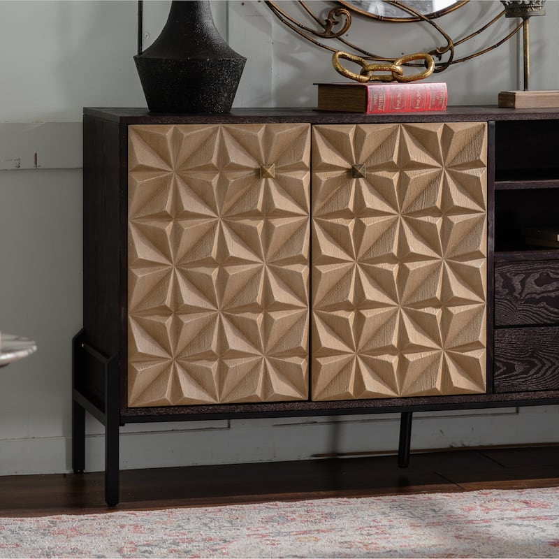 Solid Wood Sideboard with Geometric Pattern, 2 Doors and 2 Drawers,Mid Century Modern Sideboard Cabinet