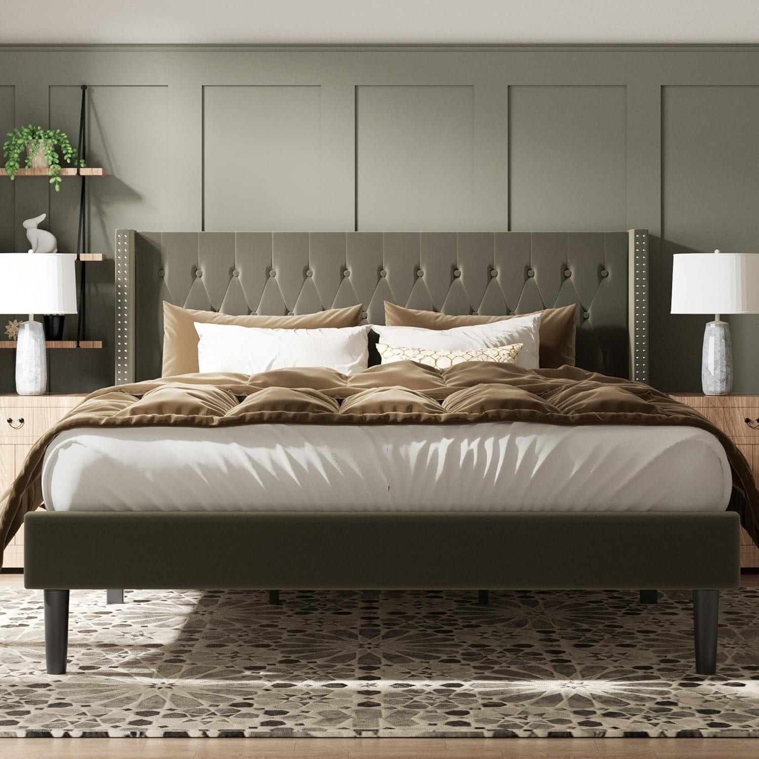 King Size Upholstered Platform Bed with Wingback Headboard, Velvet Button Tufted, No Box Spring Needed