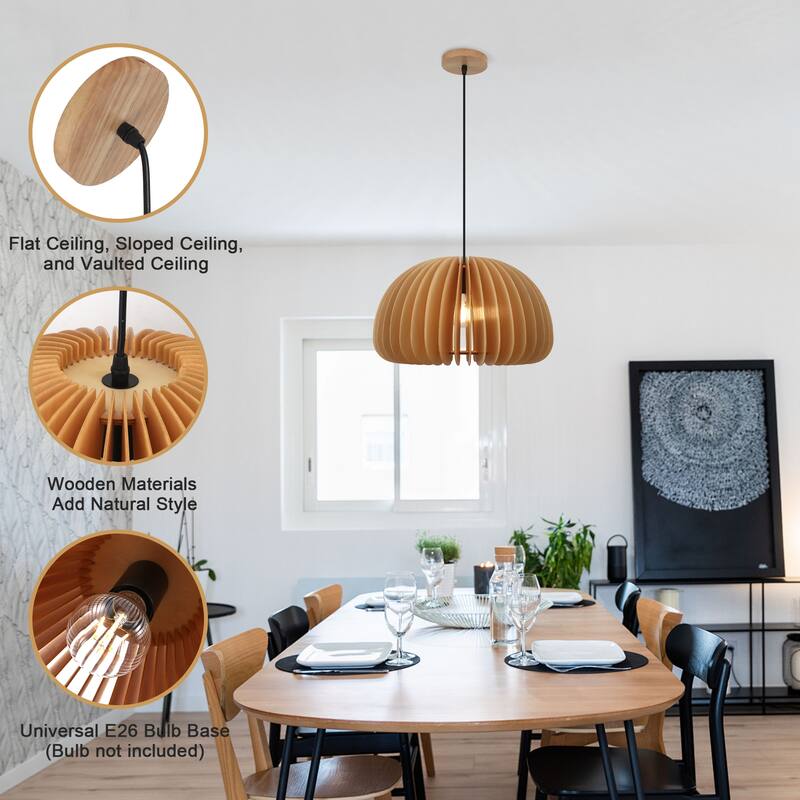 Single-light minimalist wooden pendant lamp with adjustable height