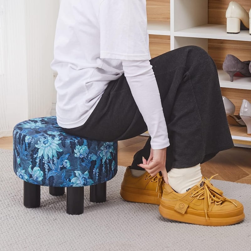 Modern Small Round Linen Ottoman Footstool with Wooden Legs for Bedroom or Living Room