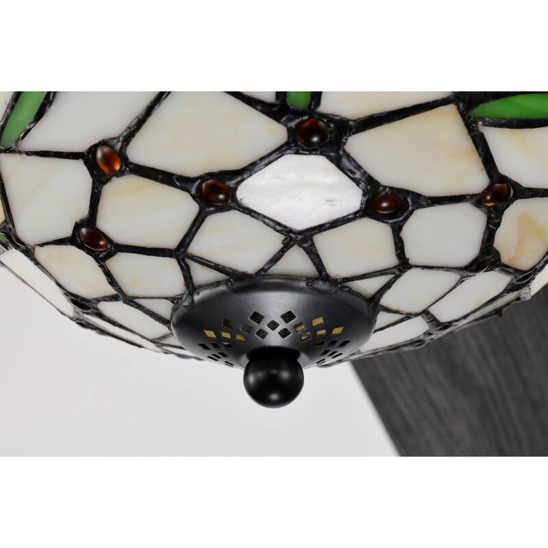 Kyemon 52-Inch Flushmount Lighted Ceiling Fan White Green Fronds Tiffany Glass Lamp Black Finish