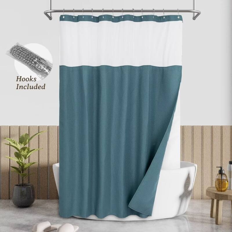 Waffle Weave Shower Curtain with Snap-in Liner 12 Hooks Included - 71"Wx72"L - Teal