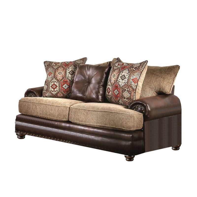 Leatherette Love Seat with Nailhead Trim in Brown