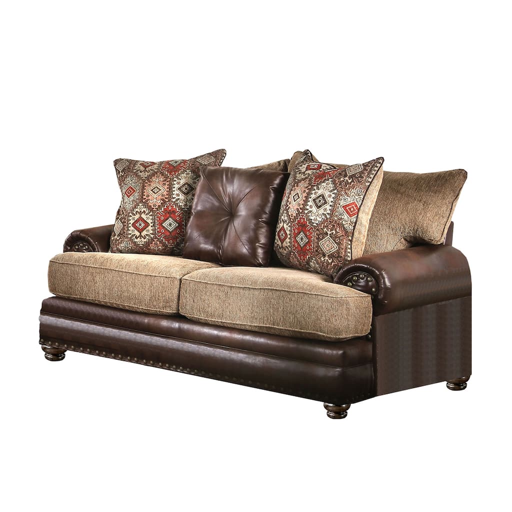 Leatherette Love Seat with Nailhead Trim in Brown