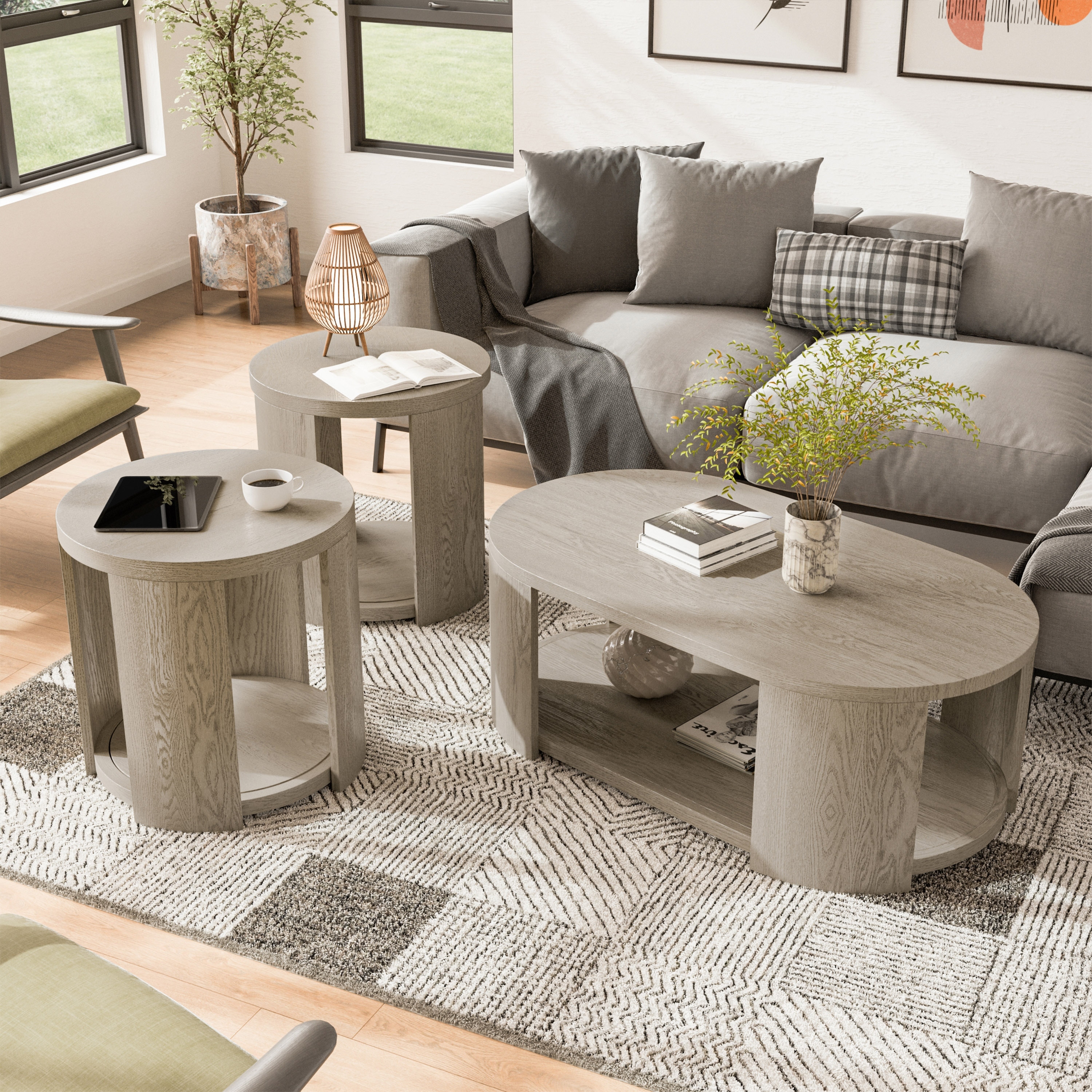 Furniture of America Piez Modern 3-Piece Oak Solid Wood Oval Cocktail Table Set with Casters