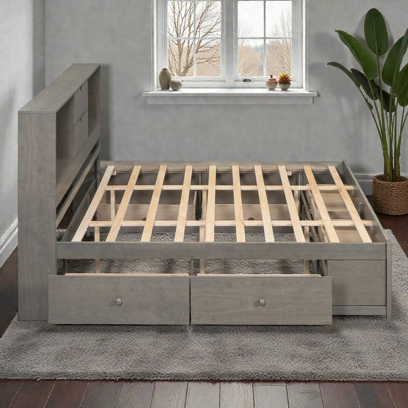 Platform Bed with Headboard Storage and 8 Drawers, Wood Bed Frame with Shelves and No Box Spring Needed