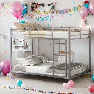 Full over Full Modern Design Metal Bunk Bed, Low Bunk Bed with Ladder, Easy Assembly, Metal Frame Construction, Silver