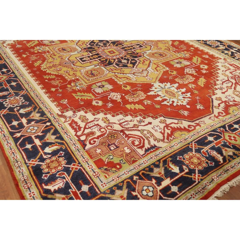Hand Knotted Oriental 100% Wool Carpet Traditional Medallion Oranges & Rust Heriz (serapi) Area Rug - 11' 10'' X 8' 11''