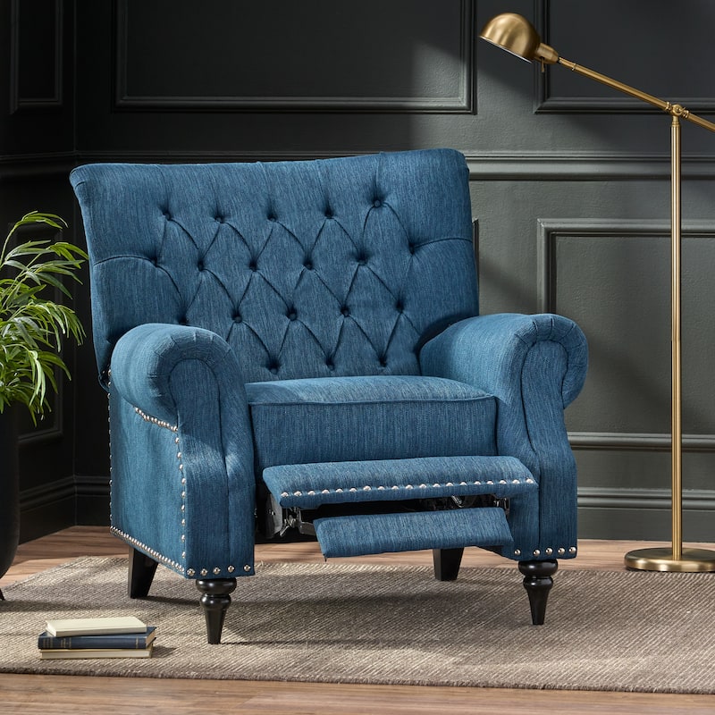 Classic Curled Arm Single Sofa Chair, Tufted Wide Back Recliner with Retractable Footrest Accent Chair with Rivet Trim&Wood Legs