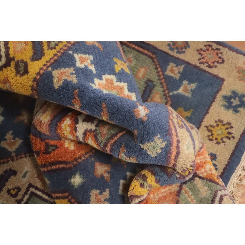 Hand-knotted Traditional Wool Blue Geometric Area Rug Oriental Carpet - 6' 0'' X 3' 9''