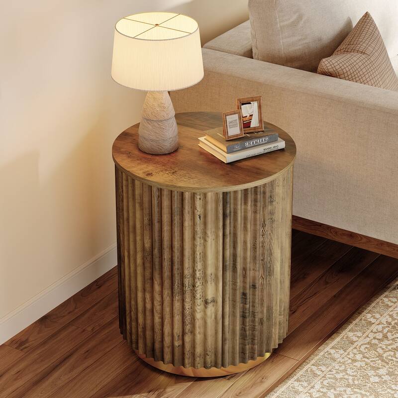 Small Fluted Round Side Table, Wooden Bedside Table for Sofa