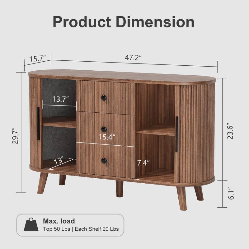 Sideboard Buffet Cabinet with 2 Sliding Tambour Doors and 3 Drawers, Storage Cabinet with Adjustable Shelves for Living Room