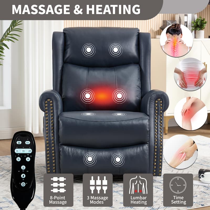360° Swivel Rocking Recliner with Heat & Massage, Genuine Leather