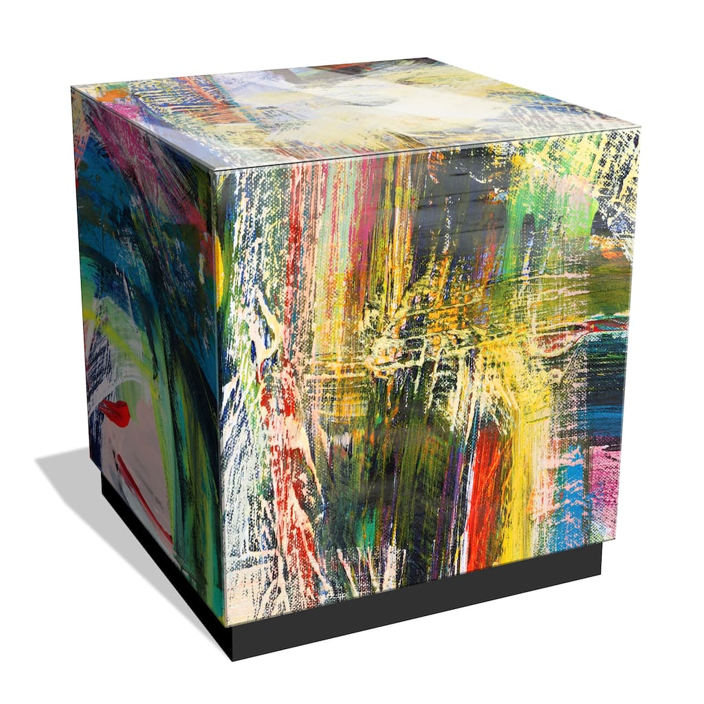 "Graffiti Rock Star II" by Jodi Fuchs Reverse Printed Beveled Art Glass Side Table with Black Plinth Base - 22" x 22" x 22"