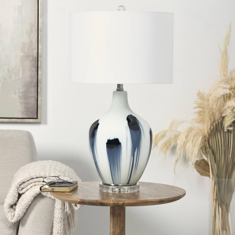 White Glass Abstract Room Accent Lamp with Blue Drip Splatter Design - White
