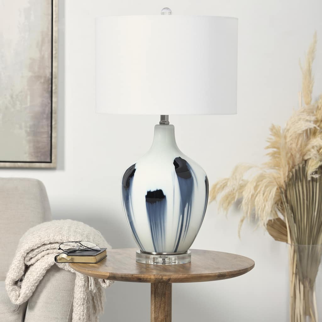 White Glass Abstract Room Accent Lamp with Blue Drip Splatter Design