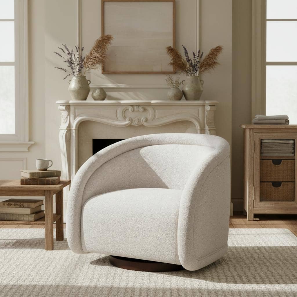 Scott Living - Sabbo Modern Boucle Upholstered 360° Swivel Accent Chair, Walnut-Finished Solid Wood Base & Ergonomic Curved Back