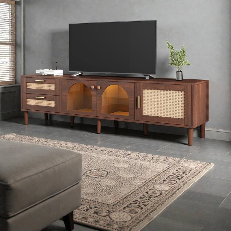 Rattan TV Stand with 3 Cabinets & 2 Drawers, LED Media Console for TVs up to 80'', Modern Storage Entertainment Center