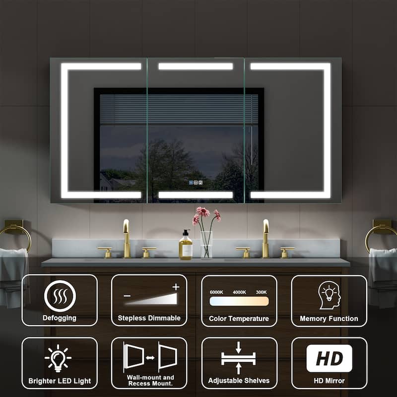 30" H Recessed or Surface LED Mirror Cabinet with Adjustable Glass Shelves,Defogger, Dimmer And Outlets & USB Ports