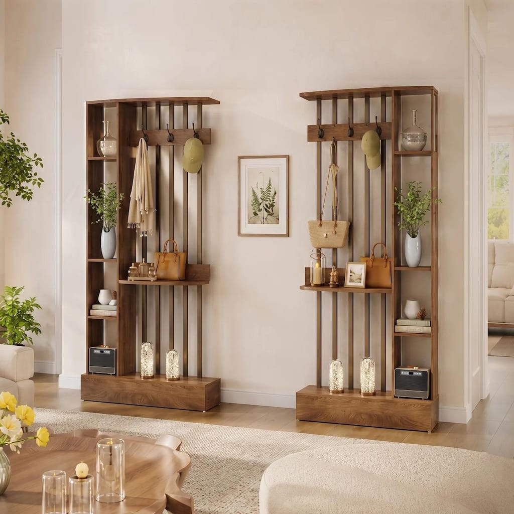 Modern Room Divider with Shelves and Coat Hooks, 71" Wood Wall Partition, Brown/Grey/White