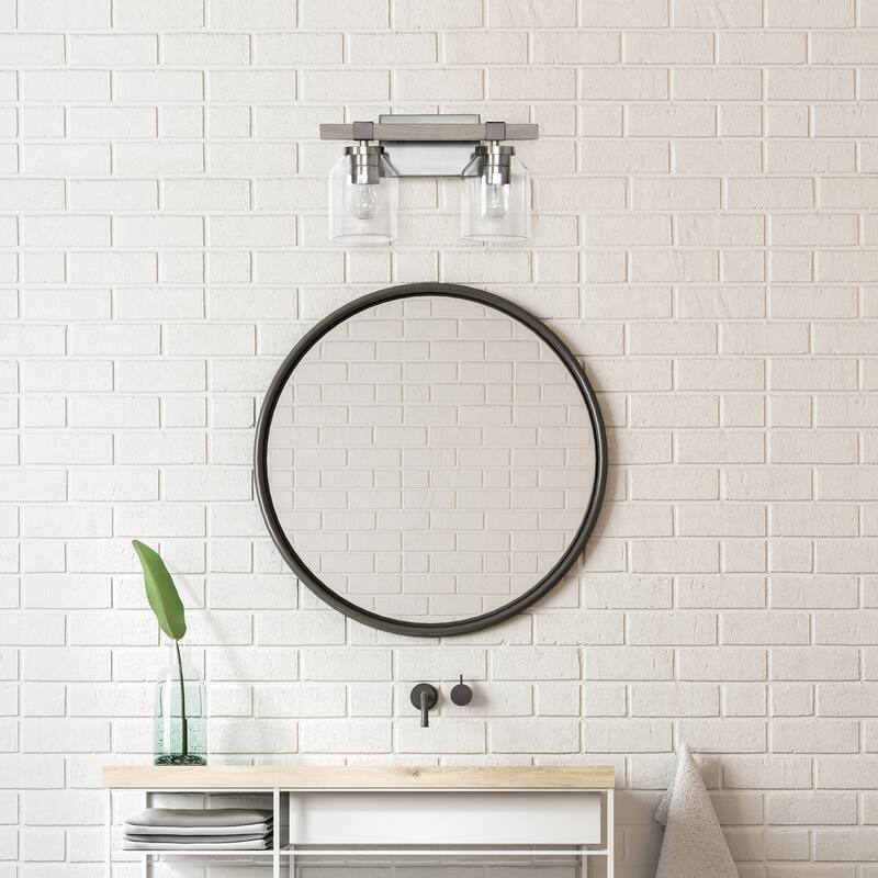 Two Light Vanity Light - Metal & Glass Shade Wall Sconce - Nickel & Black Finish - Bathroom, Hallway Decor - 6.5