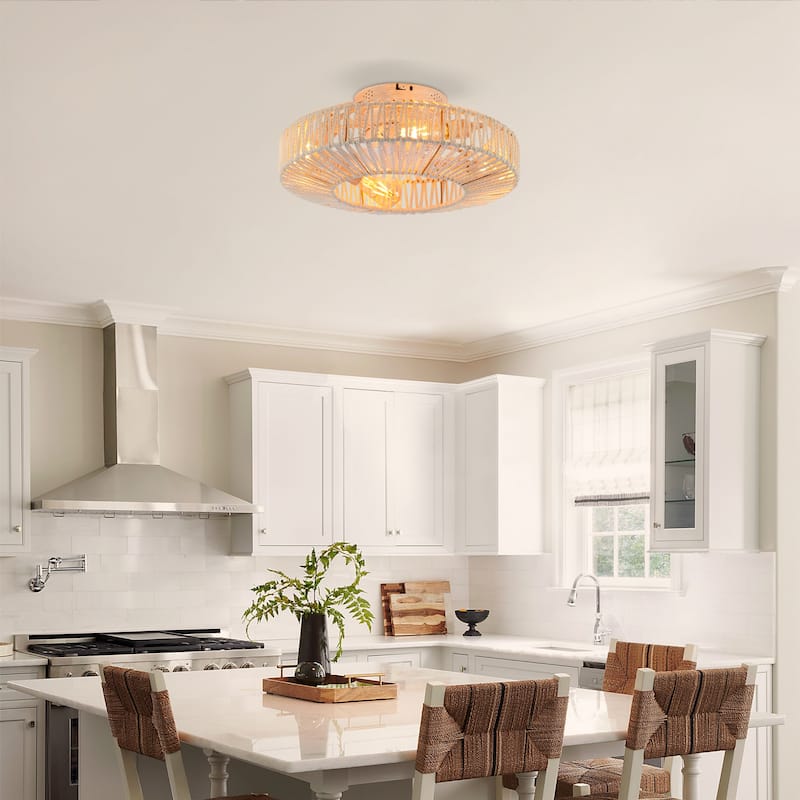 20" Rope Caged Ceiling Fans with Remote, Flush Mount Ceiling Fan with Light, Low Profile Chandelier 6 Speed DC Motor