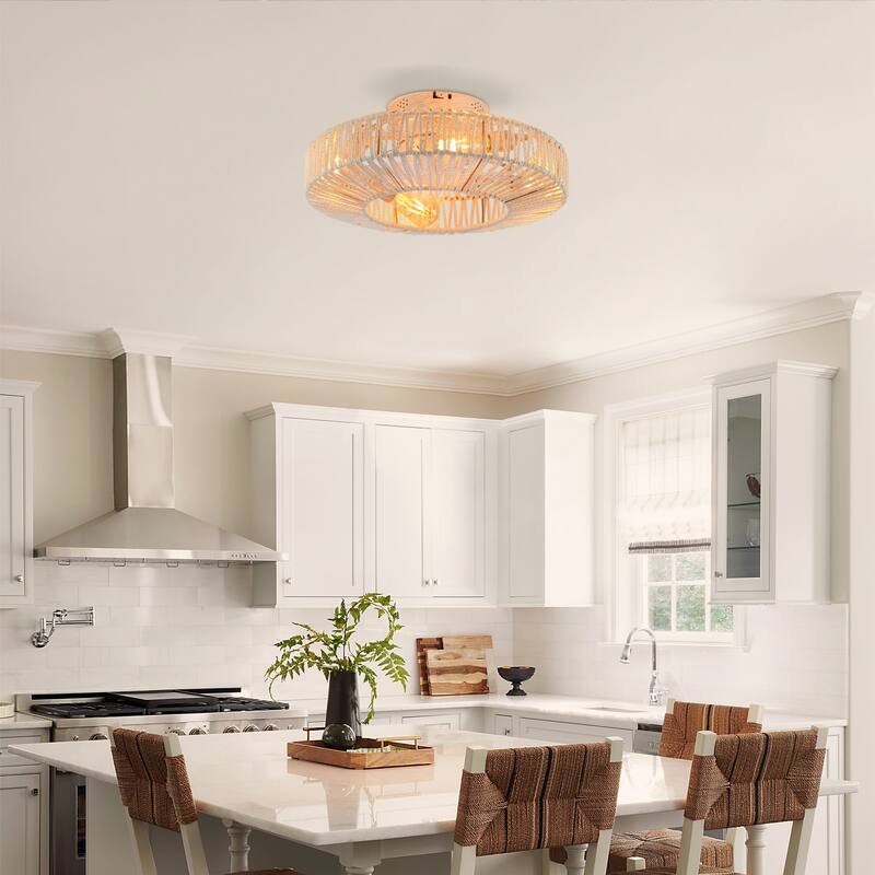 20 inch Flush Mount Ceiling Fan Light with Remote Caged Farmhouse Fandelier Black Wood Low Profile