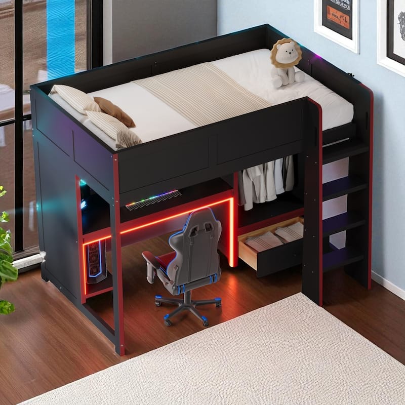 Wood Twin/Full Size Loft Bed with Desk, Wardrobe, LED Lights, Drawer and Hanging Rack - Space-Saving Gaming Workstation