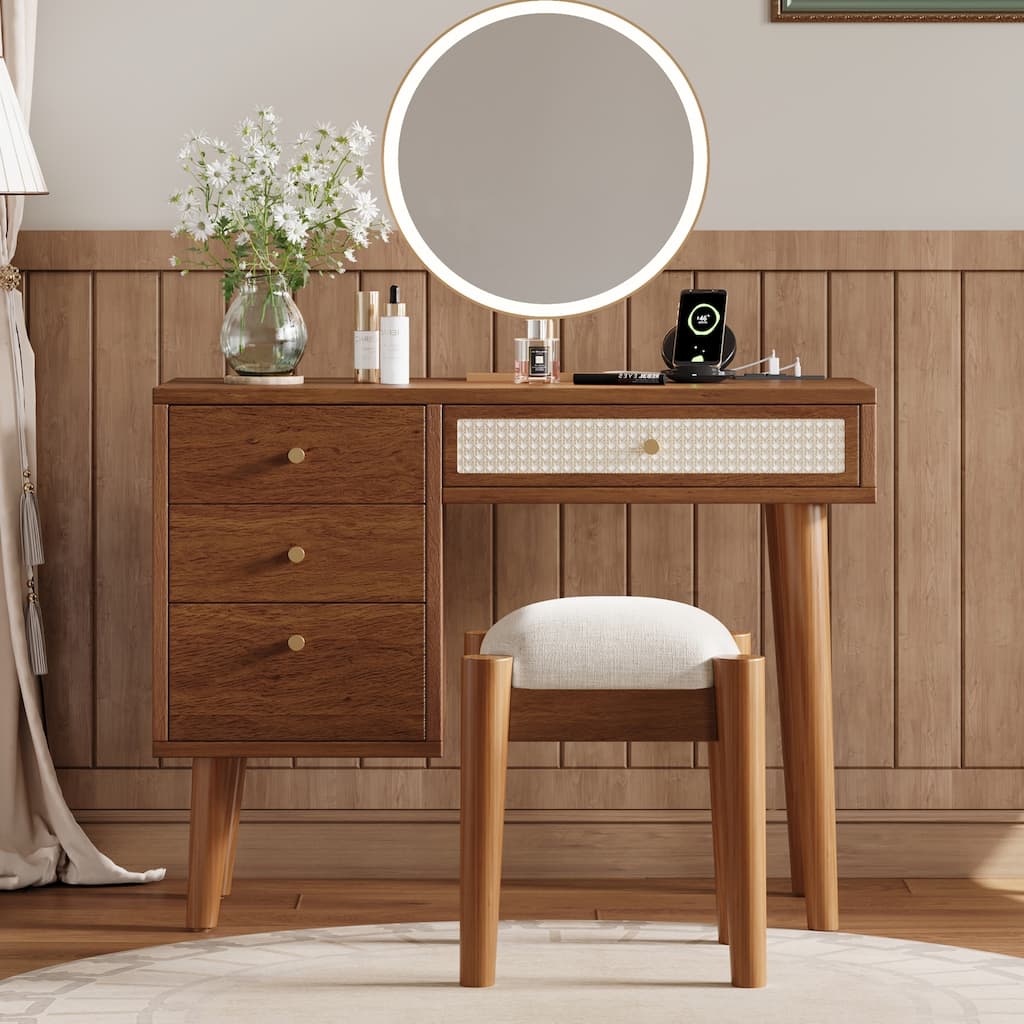 39"Makeup Vanity Set with Charging Plug&USB Port and Stool,Dressing Table with 3 Storage Drawers,1 Rectangular Rattan Drawer