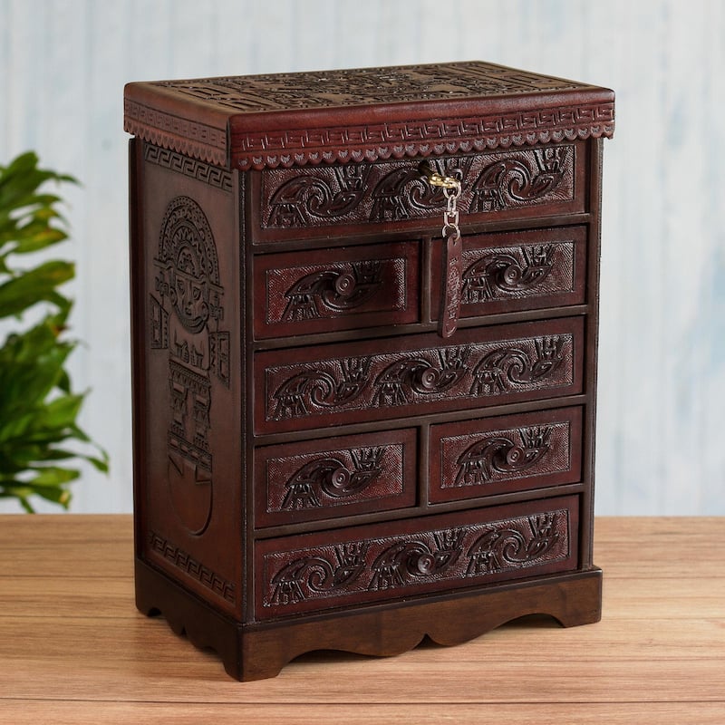 Novica Handmade Sun God Wiracocha Cedar Wood And Leather Jewelry Box