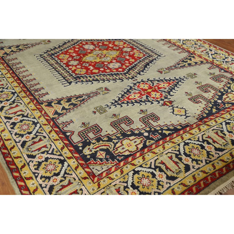 Green Geometric Viss Indian Area Rug Hand-Knotted Wool Carpet - 8'7" x 11'9"