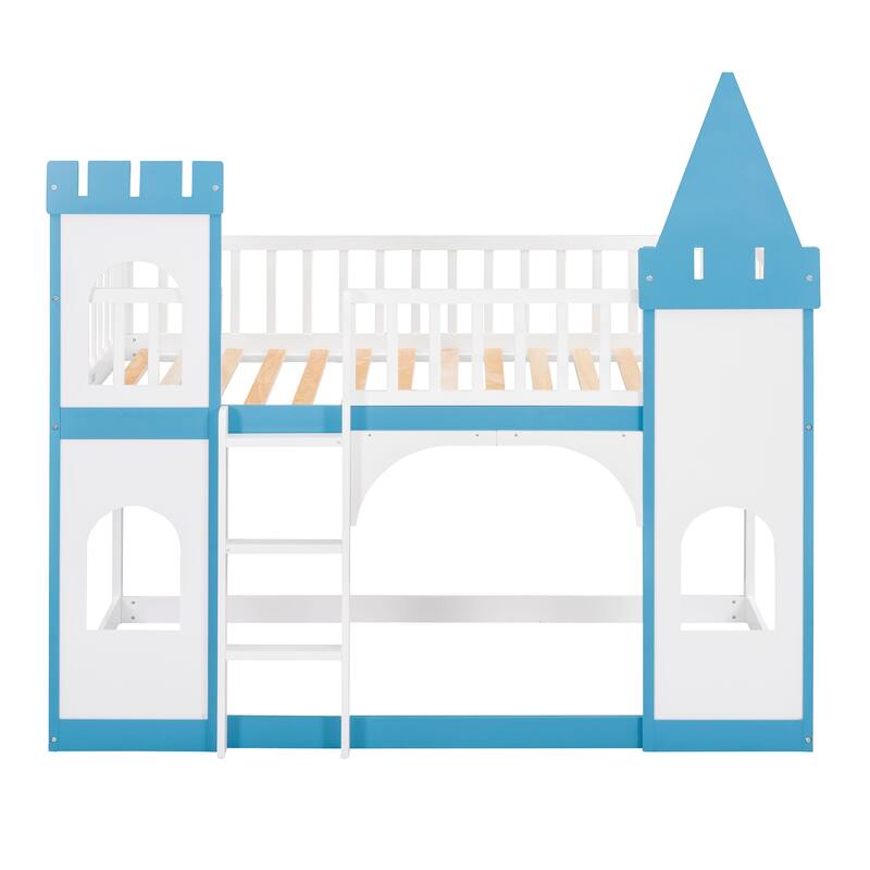 Castle Shaped Wood Bunk Bed with Door and Window, Twin Over Twin Size