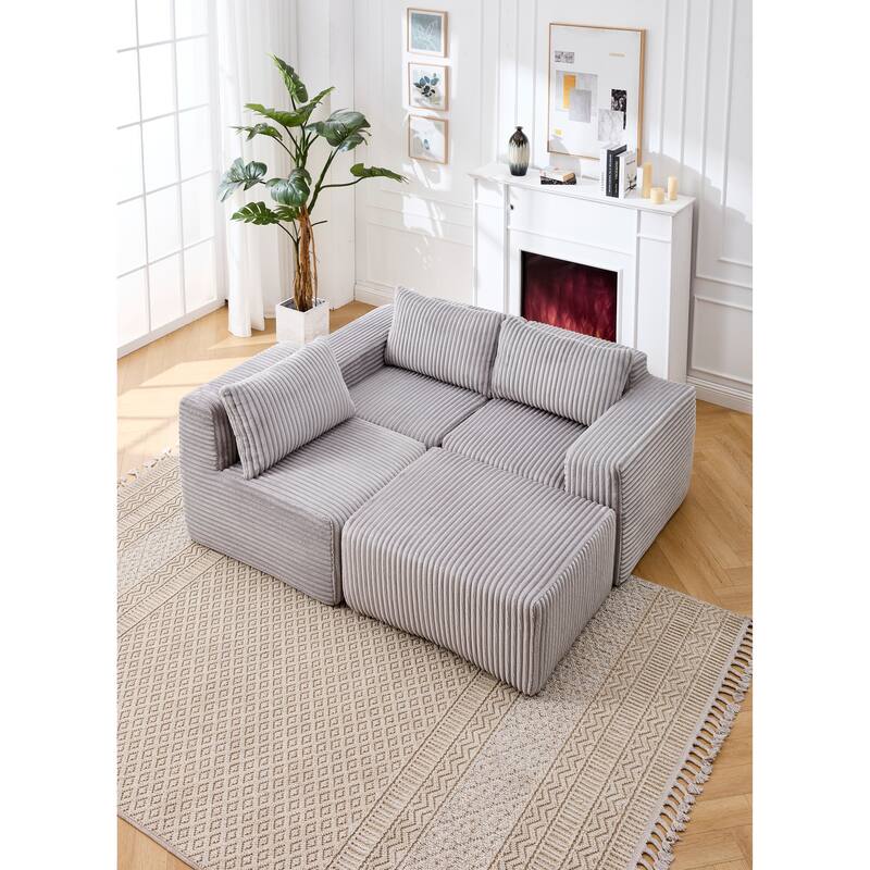 L-Shape Sectional Sofa with Ottoman, Fabric Upholstered Floor Cloud Couch, Modular Corner 3 Seat Sofa with Deep Seat