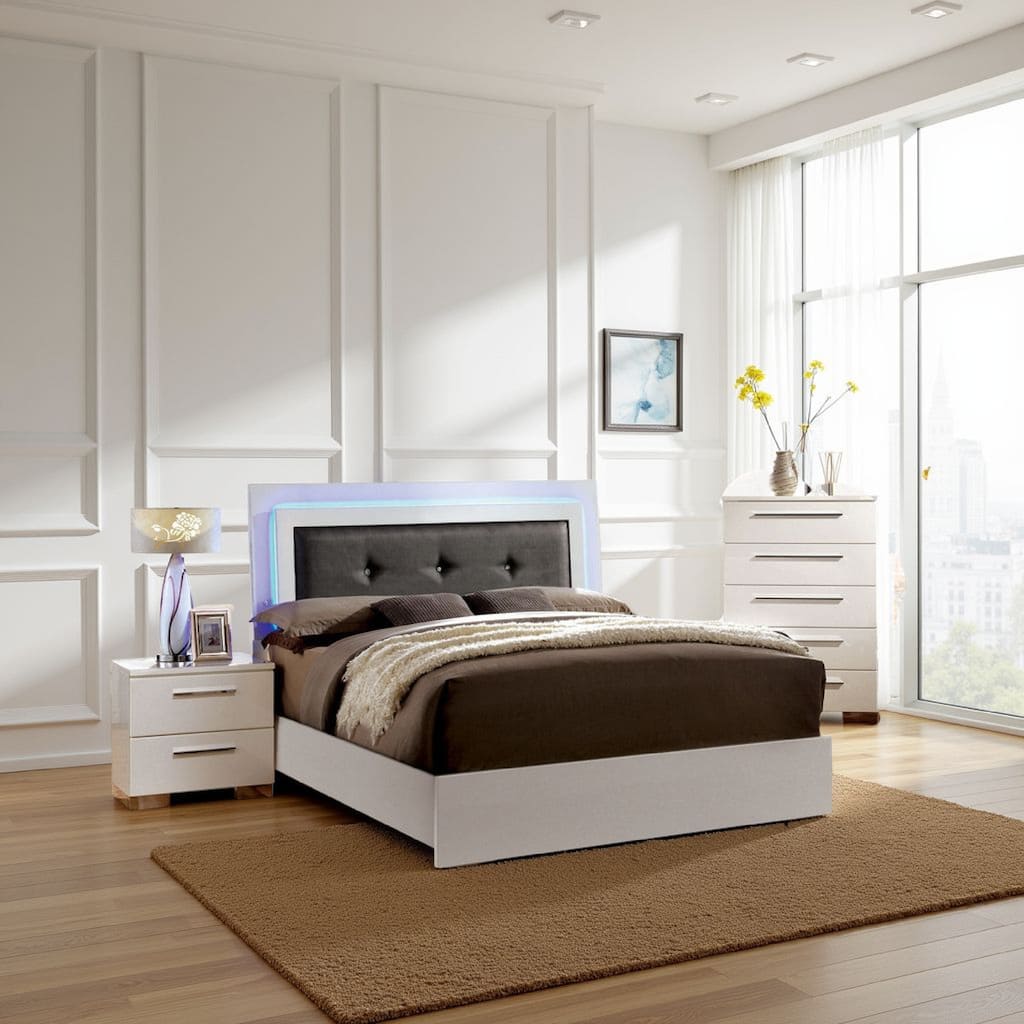 Luna 3 Pc Full Size Bedroom Set, LED Tufted Headboard and Glossy White