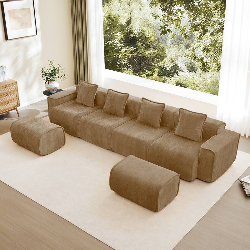 GDFStudio - Velvet Streamlined Modular 4-Seater 138.58" U-Shaped Sectional Sofa with 2 Ottomans - Brown