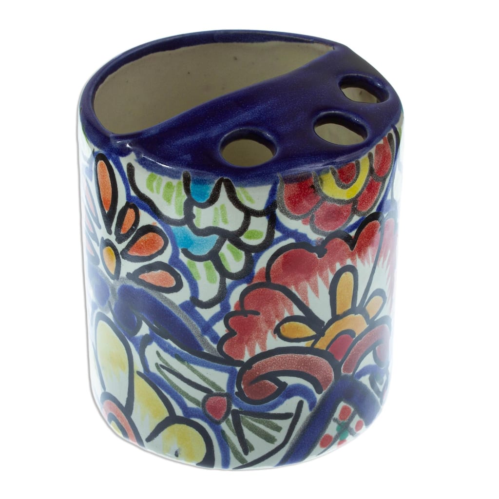 Novica Handmade Talavera Flowers Ceramic Toothbrush Holder - `