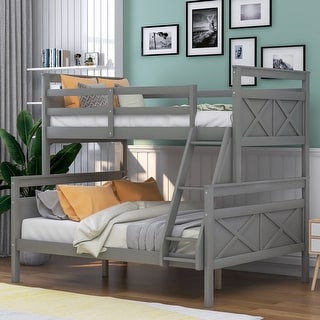 Gray Twin/Full Bunk Bed with Guardrail & Ladder