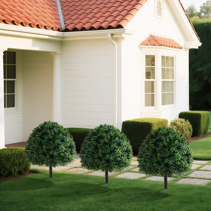 28" Artificial Boxwood Topiary Ball Tree Set of 2 with Ground Spike for Indoor Outdoor Decor - 28"H