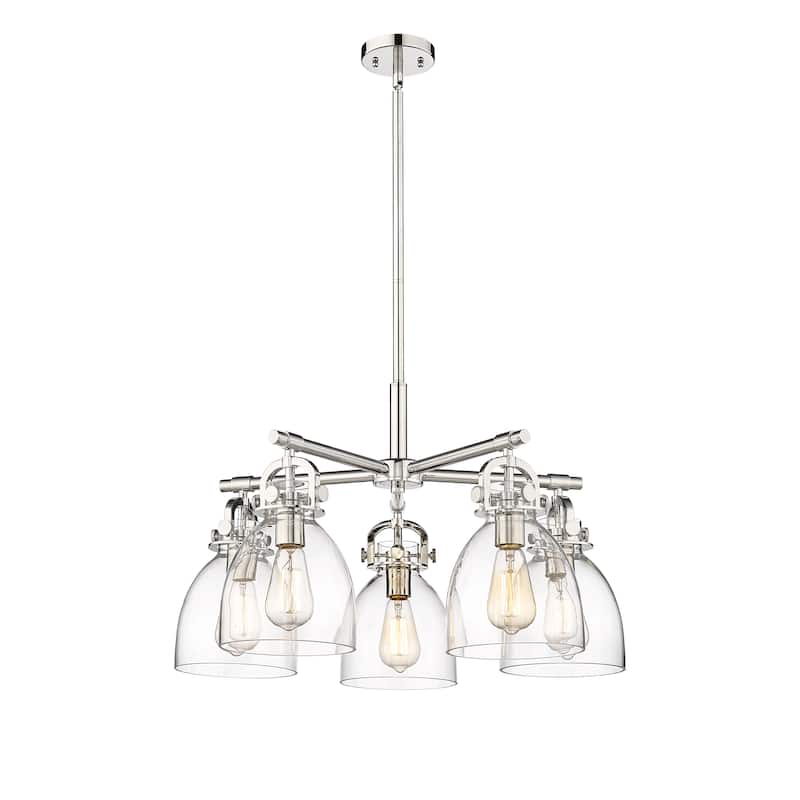 Innovations Lighting Newton Bell - 5 Light 7" Stem Hung Chandelier - Clear/Polished Nickel