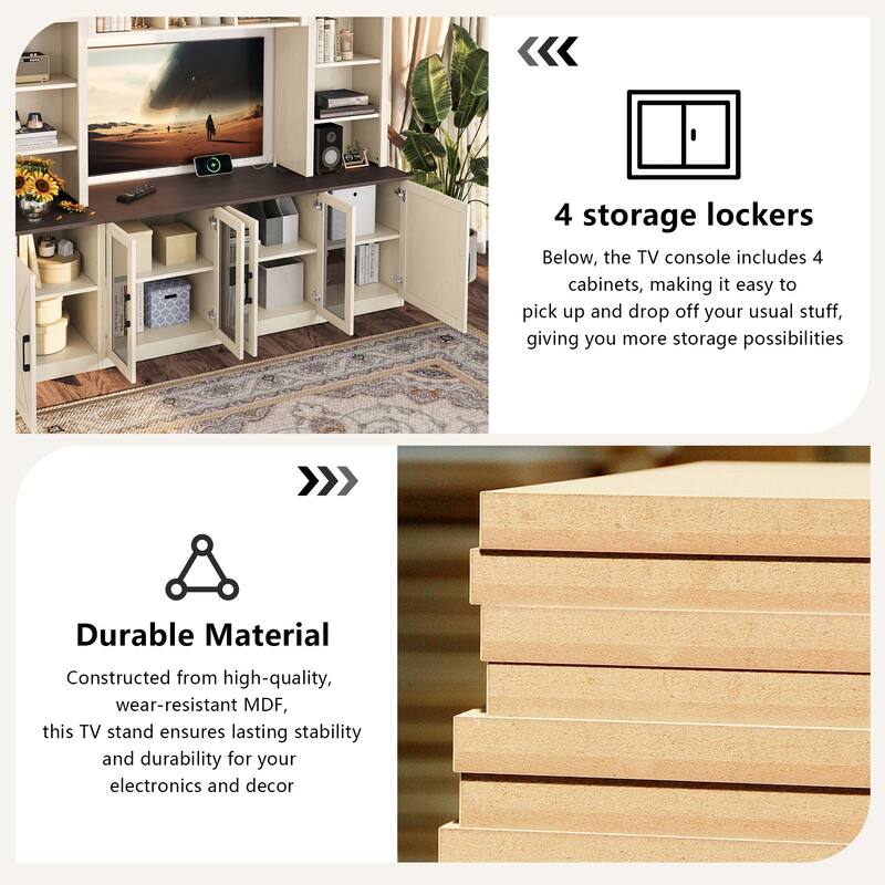 87.6" Wall Unit Entertainment Center Wood TV Stand with USB Charging, Media Console with Cabinets, Large Storage TV Cabinet